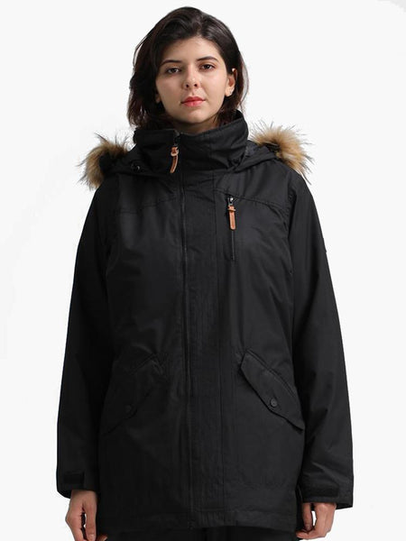 Black solid color Womens Hooded Ski Jacket Waterproof Snowboard Jacket